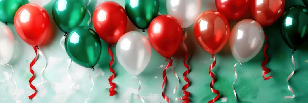 Celebration of Italy's republic day with red, white, and green balloons. Festa della Repubblica. Balloons in colors of flag of Italy. Horizontal banner. Copy space. Liberation Day