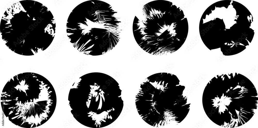 Poster set of abstract grunge circular textures in black and white. distressed round design elements for ba