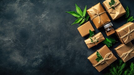 Wrapped gifts, herbs, and a small jar on a dark surface