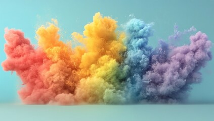 Fototapeta premium Vibrant rainbow powder explosion against a pastel blue background. A colorful and dynamic image perfect for design projects.