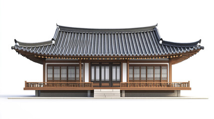 Fototapeta premium Traditional Korean house with wooden details and curved roof on white background