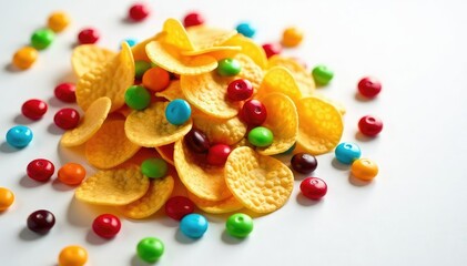 Pile of colorful candy, chips, and soda on white , unhealthy eating, white background, junk food