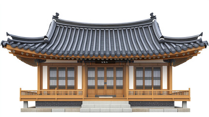 Obraz premium Traditional Korean house with wooden structure and tiled roof on white background