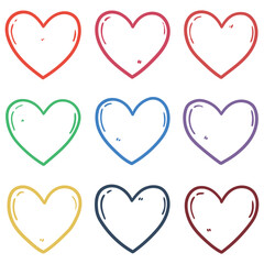 Hand drawn doodle set of colored hearts on white background.