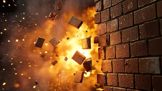 Powerful impact brick wall explosion in slow motion, destruction concept