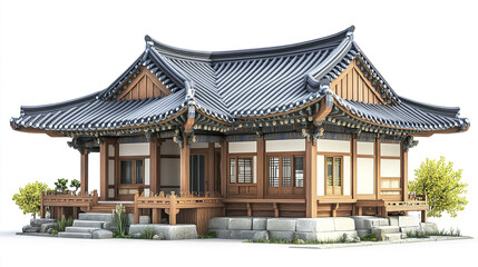 Obraz premium Traditional Korean house with wooden structure and tiled roof on white background