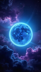 Fototapeta premium Glowing blue planet in space with purple clouds and stars 