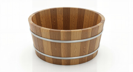 Wooden barrel container with metal bands on a white background  
