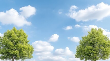Obraz premium Two lush green trees stand against a vibrant blue sky dotted with fluffy white clouds. The image is well-lit, high-resolution, and features a peaceful, idyllic style. Bright, cheerful colors create