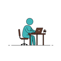 Fototapeta premium Remote Work Illustration - Blue Stick Figure at Computer