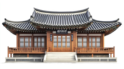 Fototapeta premium Traditional Korean house with wooden structure and curved roof on white background