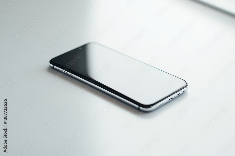 Poster Modern smartphone resting on a clean white surface with soft diffused lighting highlighting minimalist design