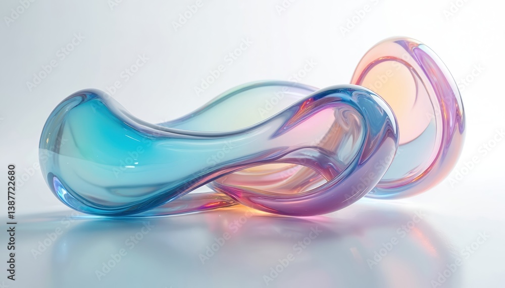 Poster abstract illustration of colorful transparent iridescent glass-like liquid fluid. wavy shapes with f