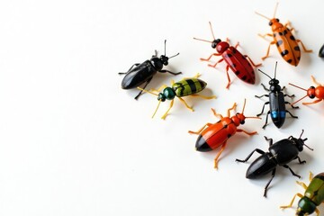 Several colorful insects on bright white backdrop, arthropod, texture, collection