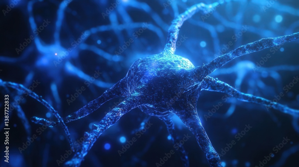 Poster close-up 3d render of a human cell on a blue background, featuring detailed macro photography with a