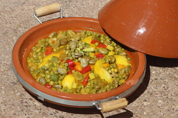 A close-up shot of a fresh tajine or tagine with vegetables