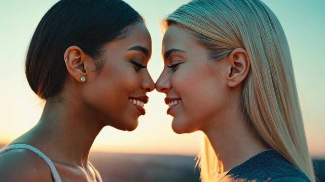 Shared Moment: Two beautiful women in love, their noses gently touching in a tender moment of connection, bathed in the golden light of the setting sun, evoking feelings of serenity and bliss.