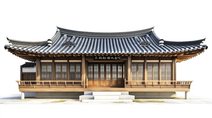 Fototapeta premium Traditional Korean house with wooden details and curved roof on white background