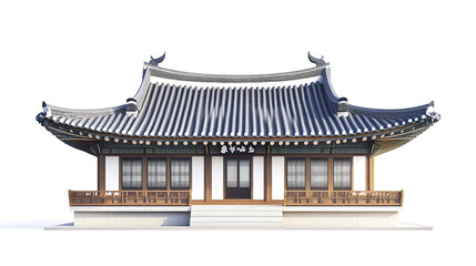 Traditional Korean house with elegant roof design on white background