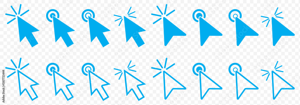 Aufkleber Blue Mouse click pointer icon set. Blue mouse cursor icon set. mouse cursor hand pointer. arrow pointer set. vector illustration on transparent background. EPS 10.