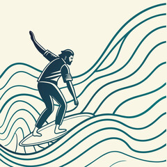 Silhouette art illustration of people in action shows a woman and a boy jump with a man surfing