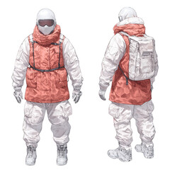 An individual dressed in winter gear, showcasing an orange puffer jacket and white pants, standing in various angles to highlight the outfit.