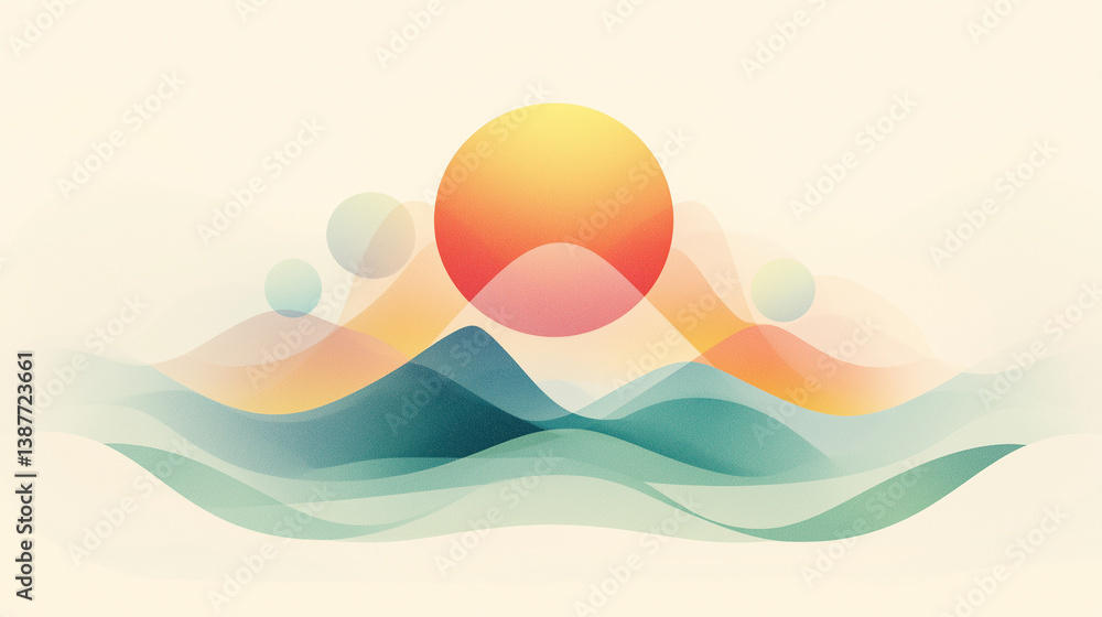 Poster abstract sunset: an abstract design that captures the essence of a serene sunset over rolling hills,