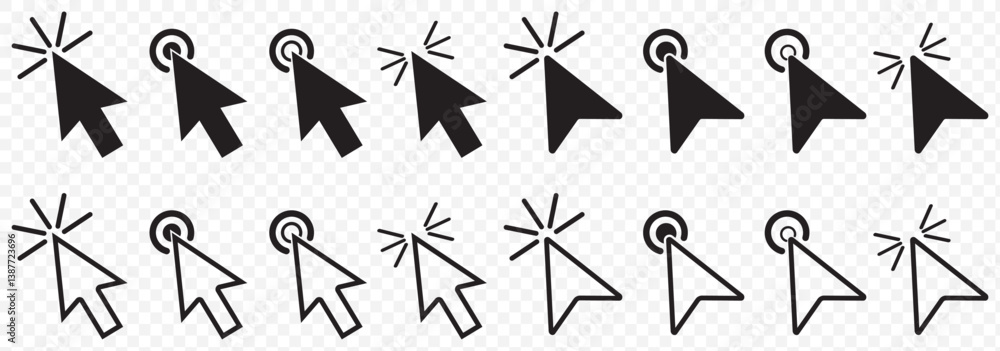 Aufkleber Black Pointer cursor computer mouse icon set. Finger cursor, arrow click sign. Vector illustration. Hand Cursor icons. Click Cursor icons. Pointer cursor сomputer mouse icon on Transparent Background.
