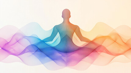 Harmony in Stillness: A silhouette of a person meditating in a tranquil pose, interwoven with flowing, vibrant waves that evoke feelings of calm, balance, and spiritual well-being.
