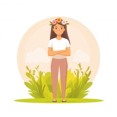 Cheerful girl with a flower crown standing in a vibrant green landscape, exuding positivity and connection to nature.