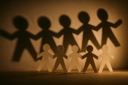 Paper chain dolls holding hands casting shadows on the wall  