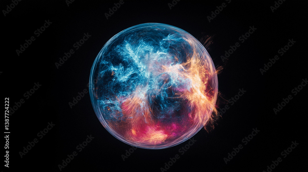 Poster cosmic fusion: a stunning depiction of energy merging into an orb, with an interplay of vibrant colo