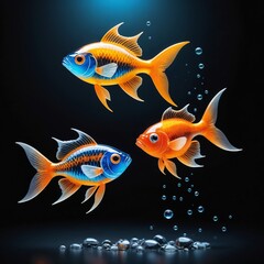 Fototapeta premium Colorful decorative fish swimming in bubbles against a dark background 