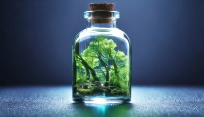 Miniature forest ecosystem inside glass bottle with cork stopper