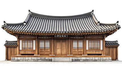 Obraz premium Traditional Korean house with wooden architecture and tiled roof on white background