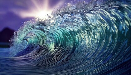 Powerful ocean wave cresting at sunrise with beautiful light reflection
