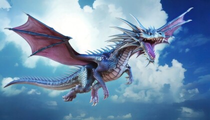 Majestic Blue Dragon Soaring Through Cloudy Skies Fantasy Illustration