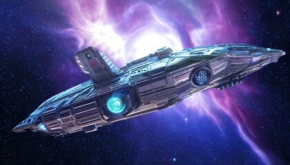 Spaceship Flies Through Colorful Nebula in Deep Space Journey