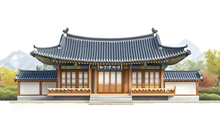 Obraz premium Traditional Korean house with mountains in background