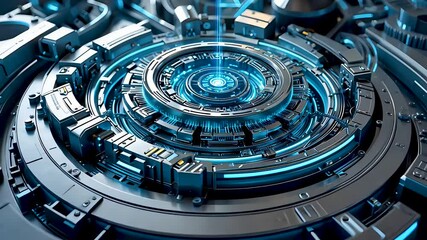High-tech circular sci-fi machine core with blue glowing lights and rotating parts - Powered by Adobe