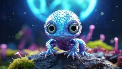 Cute blue lizard with big eyes is crawling on a rock in nature