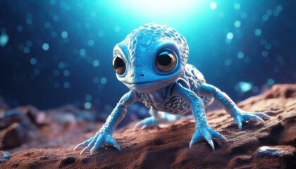 Cute blue alien lizard exploring a Martian surface with big eyes