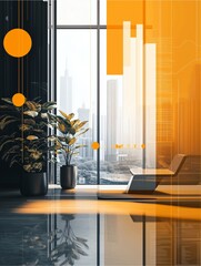 Urban Oasis: A contemporary workspace bathed in natural light. The image showcases a stylish office interior with elegant modern design, lush potted plants adding a touch of nature.