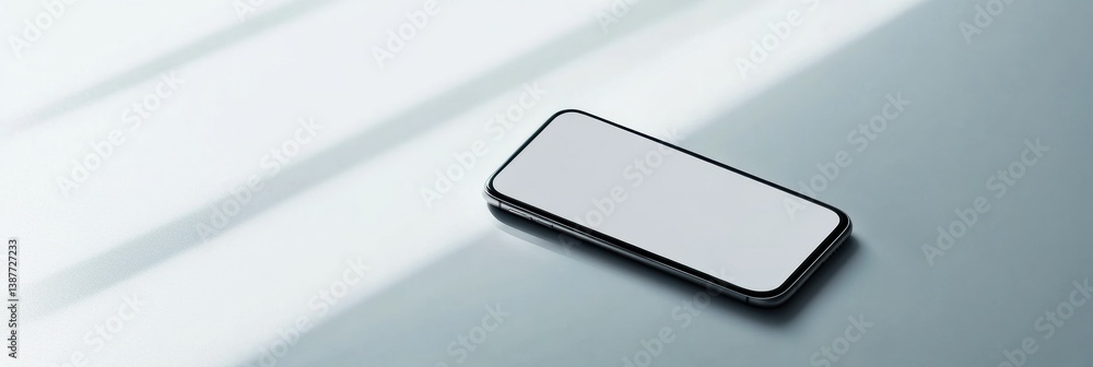 Poster Sleek modern smartphone resting on minimalist white surface with soft diffused lighting