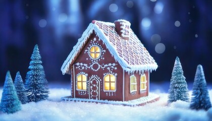 Cozy gingerbread house glows warmly amid snowy winter wonderland scene