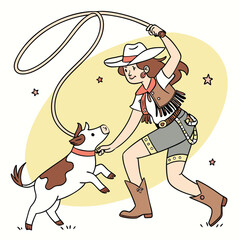 Cowgirl and Calf: An illustration depicting a spirited cowgirl, poised with a lasso, engaging in a playful interaction with a charming calf. This whimsical scene evokes the thrill of the Wild West.