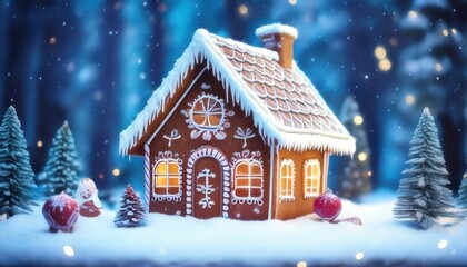 Festive gingerbread house glows warmly in a snowy winter wonderland scene