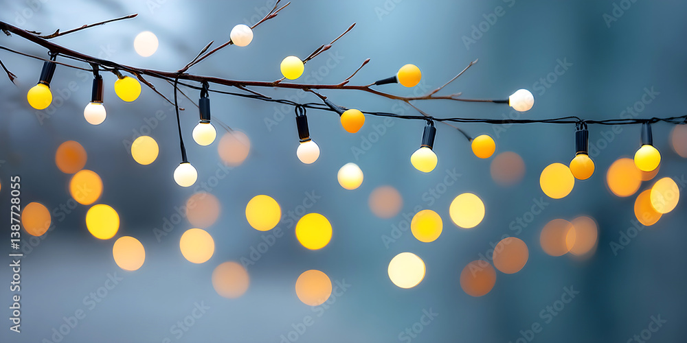 Poster string lights hanging on tree branch with blurred golden bokeh background. abstract holiday backgrou