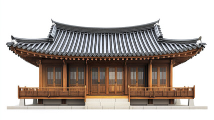 Obraz premium Traditional Korean house with wooden structure and tiled roof on white background