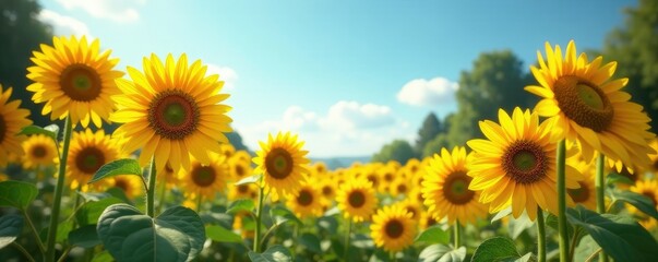 Obraz premium Wide shot of tall sunflowers in a garden with other flowers, wide, landscape